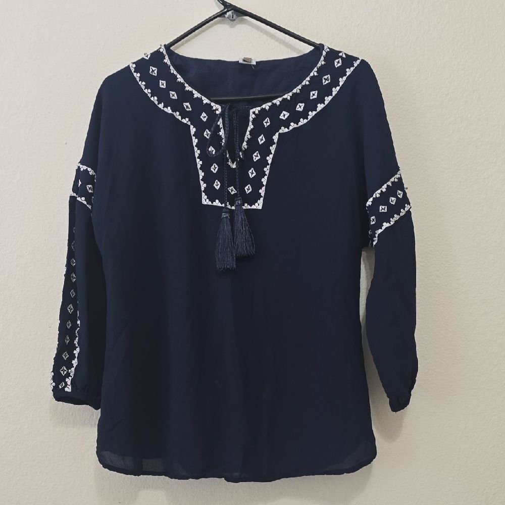 XCVI Dark Blue Blouse with White Embroidery S (Missing, See Measurements)